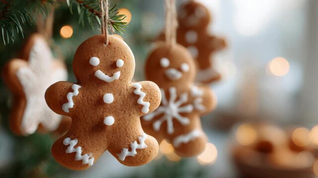 Colorful gingerbread man ornaments adorn a Christmas tree, adding charm and warmth during the holiday season.