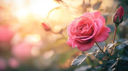 A pink rose in full bloom with a blurred background, set against a warm, golden light.