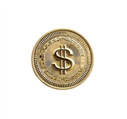 A detailed close-up view of a golden coin, featuring a prominent dollar sign, set against a plain white backdrop.