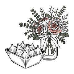 Hand drawn sketch of a bowl of figs next to a mason jar with a bouquet of flowers