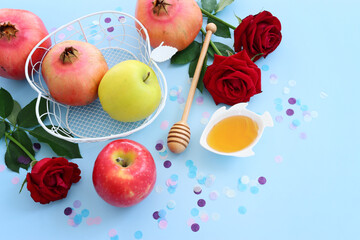 Rosh hashanah (jewish New Year holiday) concept. Traditional symbols