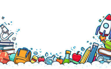 Cartoon graphic with school supplies and rocket