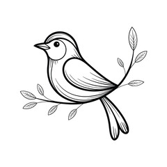 Simple line drawing of a bird perched on a branch with leaves