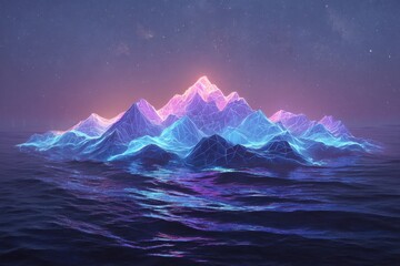 Luminous Neon Mountain Range Rising from a Reflective Digital Ocean at Twilight.