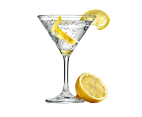 Sparkling cocktail in martini glass with lemon