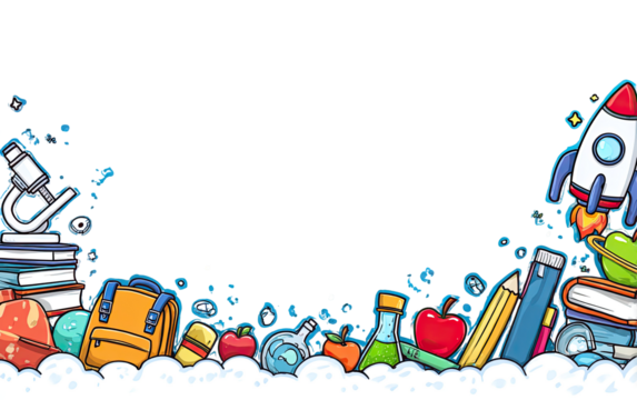 Cartoon graphic with school supplies and rocket - Powered by Adobe