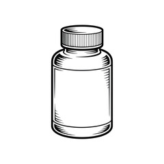 Hand drawn illustration of a clear glass medicine bottle with a blank label