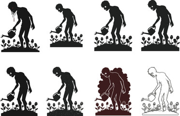 Zombie silhouette watering flowers in dark horror concept, transformation of undead character, surreal creepy art, growth and decay symbolism