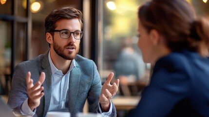 A man and a woman in a business meeting. The man is wearing glasses and a suit, while the woman is dressed in a professional attire. They are seated at a table in a cafe-like setting.