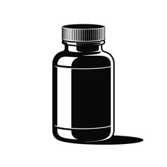 Black pill bottle with cap and shadow isolated on white background