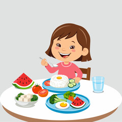 Vector illustration of a cute little girl sitting at the dining table, happily eating a healthy meal