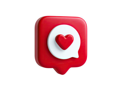 Red square icon with a speech bubble and heart