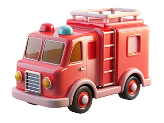 Fototapeta premium Cartoonish firetruck render with ladder and sirens,glossy red toy vehicle 3d illustration isolated on transparent background