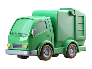 Cartoonish green garbage truck refuse collector for waste removal and recycling operations logistics 3d illustration isolated on transparent background