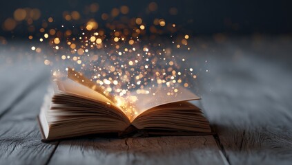 An open book rests on a wooden surface, emanating golden light and sparkling particles, suggesting magic or enchantment