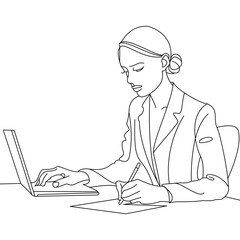 Professional woman in business attire diligently working on a laptop computer at her desk isolated on white background