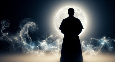 Ultra-realistic cult priest villain in hooded cloak with glowing ritual symbols, candles, fog, and gothic atmosphere in dark cinematic Halloween horror scene for mystery concept