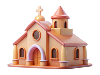 Church building rendered in 3d with cross on top peach and orange tones 3d illustration isolated on transparent background