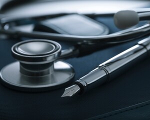A professional medical stethoscope and a classic fountain pen resting on a dark surface, symbolizing healthcare diagnostics and record-keeping