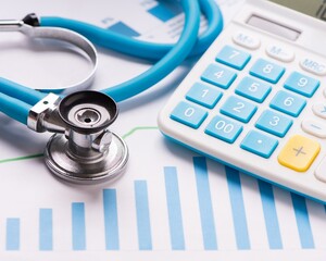 Essential tools for managing healthcare finances, featuring a stethoscope, calculator, and data...