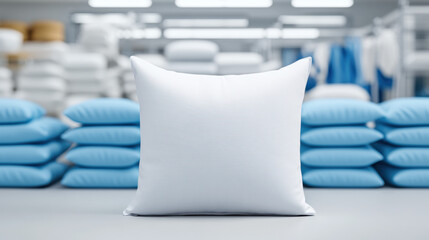 Pillow factory, Pillow cutting and stitching process captured in high detail, showcasing craftsmanship in textile production.