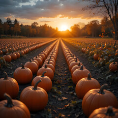 Stunning Autumn Sunset Over a Pumpkin Patch: A Captivating Harvest Scene