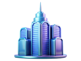 Futuristic metropolis building render holographic metallic blue glossy surface retro architecture symbol cityscape urban scenery 3d illustration isolated on transparent background