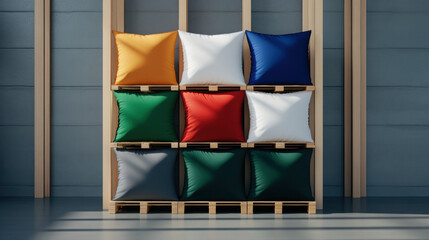 Pillow factory, A vibrant image showcasing a chaotic pillow factory setting with unique designs and lively colors.