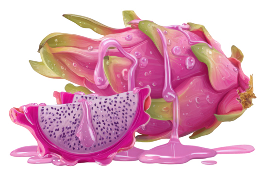 Pink Dragon Fruit with Purple Flesh Dripping Juice on Transparent Background