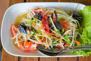 spicy papaya with black crab Thailand called farmer crab and fresh shrimp that is famous of Thailand Steer food 