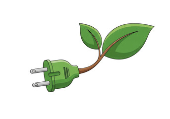 Green Electric Plug with Cord and Leaves on Transparent Background, Cartoon Style