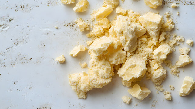 Large pale yellow pieces of asafoetida scattered on a textured white surface, emphasizing their rough edges.