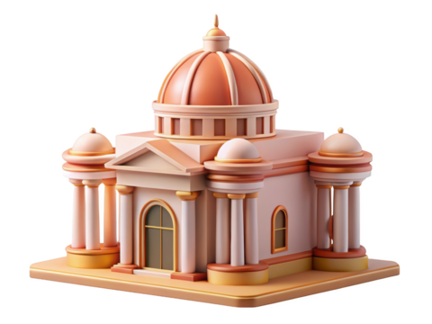 Miniature pink palace with columns and dome detailed architecture and smooth shading 3d illustration isolated on transparent background