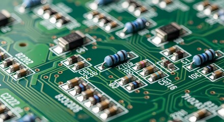 Close-up view of a green printed circuit board with numerous electronic components including resistors and surface-mount devices.