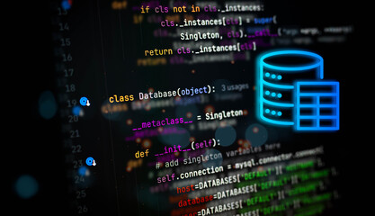 Python code for database connection with glowing neon database icon, symbolizing backend development, data engineering, and software infrastructure on a dark screen background.