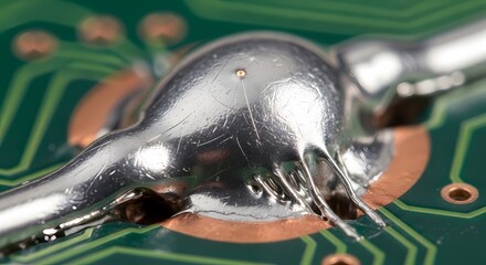 Close-up view of a solder joint on a green printed circuit board, showing intricate details of the metallic connection.