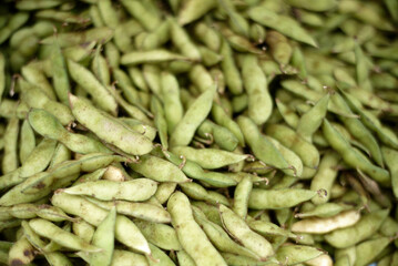 Basket full of fresh green edamame beans
