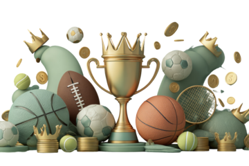 A golden trophy surrounded by various sports balls and crowns, amidst a flurry of coins
