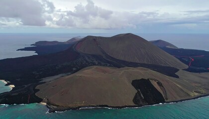 Fototapeta premium Volcanic landscape of an island, showcasing rugged terrain and a coastline sculpted by the earth's forces.