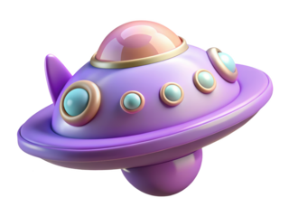 Playful purple and pink ufo spaceship detailed rendering extraterrestrial vehicle science fiction futuristic concept 3d illustration isolated on transparent background