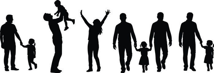 Silhouette illustration of fathers walking and playing with daughters, holding hands, lifting kids, and enjoying joyful family bonding moments.