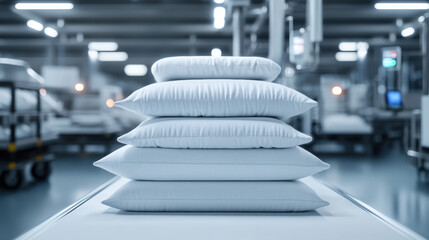 Obraz premium Pillow factory, Pillow factory featuring an anti-allergy filling machine in a modern production environment.