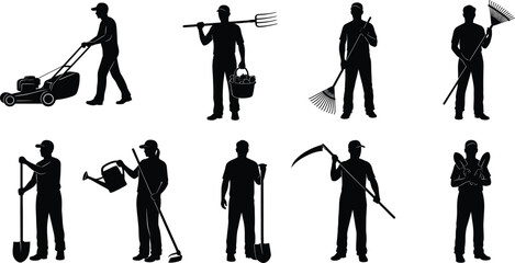 Silhouette illustration of male gardeners using tools like shovels, rakes, and watering cans during various outdoor gardening tasks.