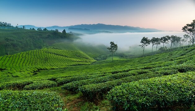 lush green assam tea gardens on a misty morning