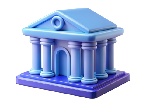 Stylized cartoon bank building facade with columns in blue color palette architecture design 3d illustration isolated on transparent background