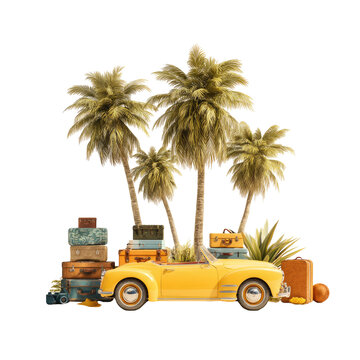 Fototapeta Vintage car with suitcases and palm trees