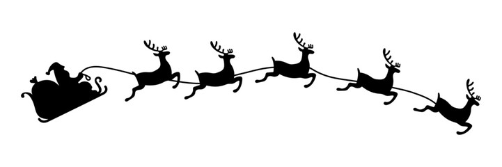 Vector Christmas black and white illustration with Santa Claus riding his sleigh pulled by reindeers.