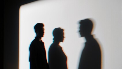 Three anonymous figures casting colorful shadows on a wall.