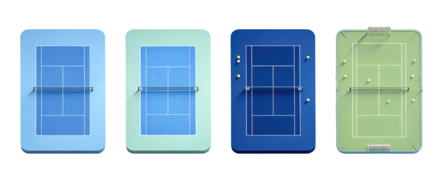 Four tennis court designs, different colored surfaces