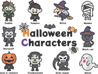 Obraz premium ハロウィンのキャラクターアイコン（線画カラー）のイラストセット